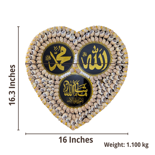 Heart-shaped decorative item with engraved text, measurements, and weight displayed.