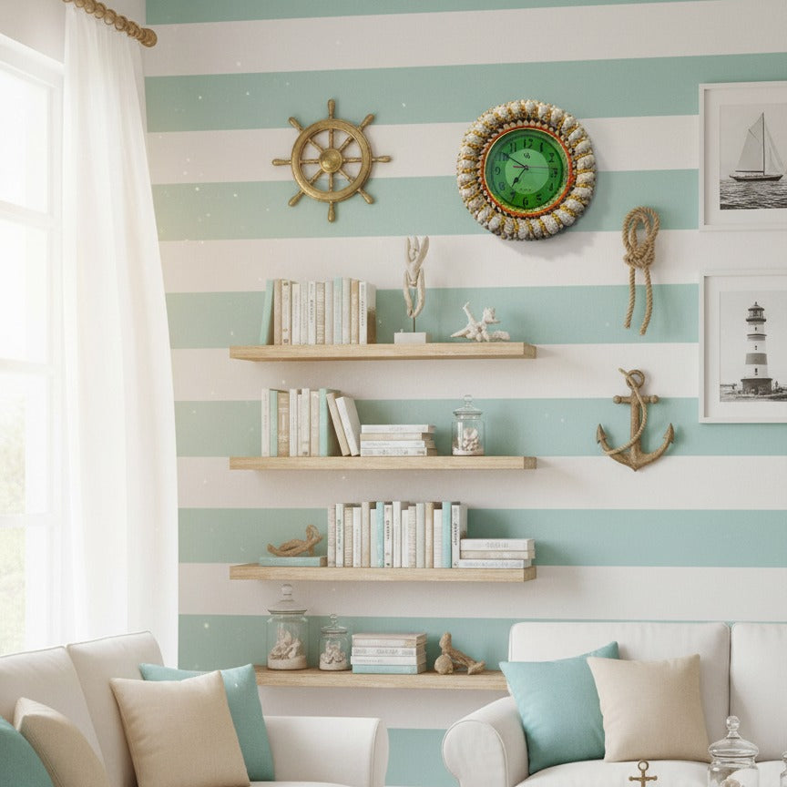 Living room with striped wall, shelves, and decorative items.