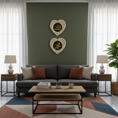 Modern living room with a gray sectional sofa, wooden coffee table, and decorative wall art.