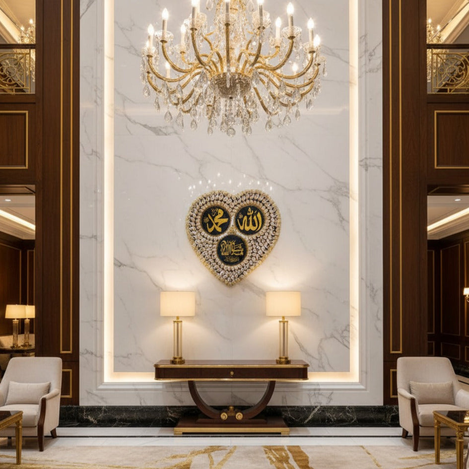 Luxurious interior with a chandelier, marble wall, and decorative heart-shaped wall art.