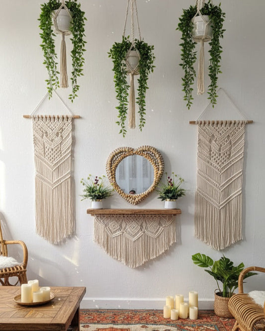 Living room with macrame wall hangings, a mirror, and decorative plants.