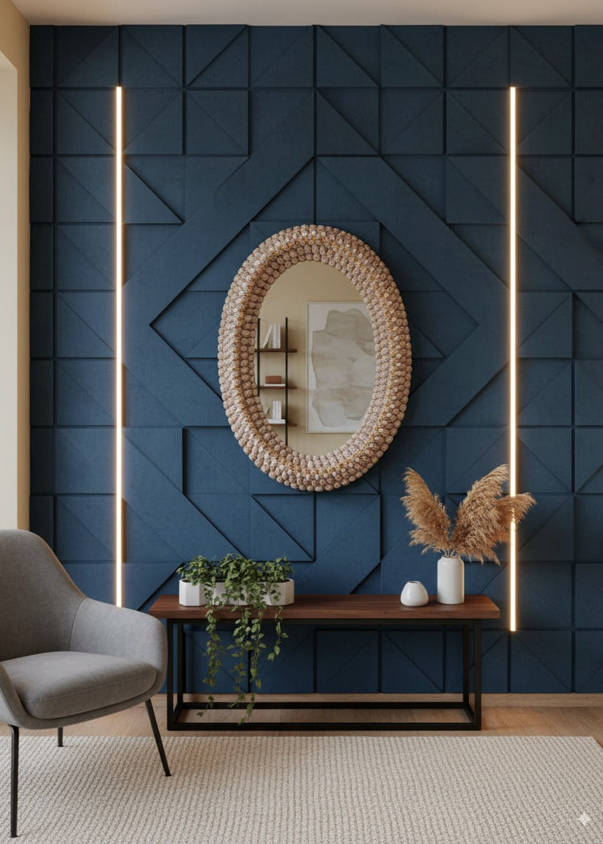 Modern interior design with a blue geometric wall, round mirror, and decorative elements.