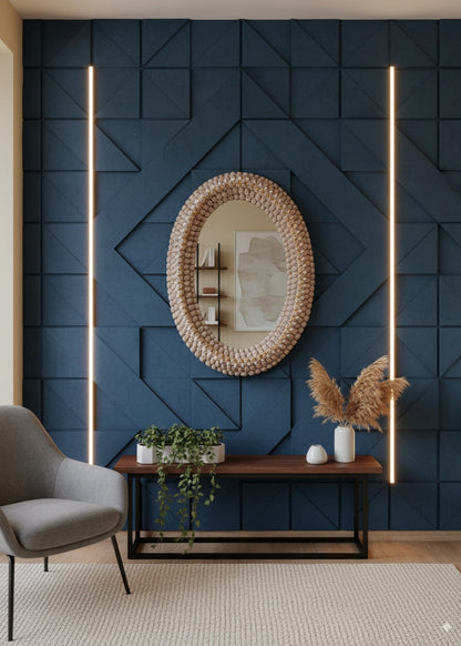 Modern interior design with a blue geometric wall, round mirror, and decorative elements.