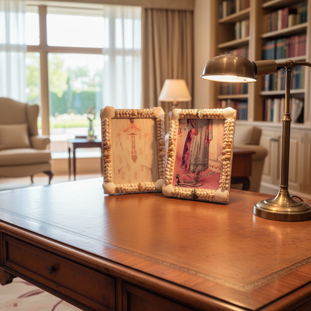 Two decorative picture frames on a wooden desk with a lamp and bookshelf in the background.