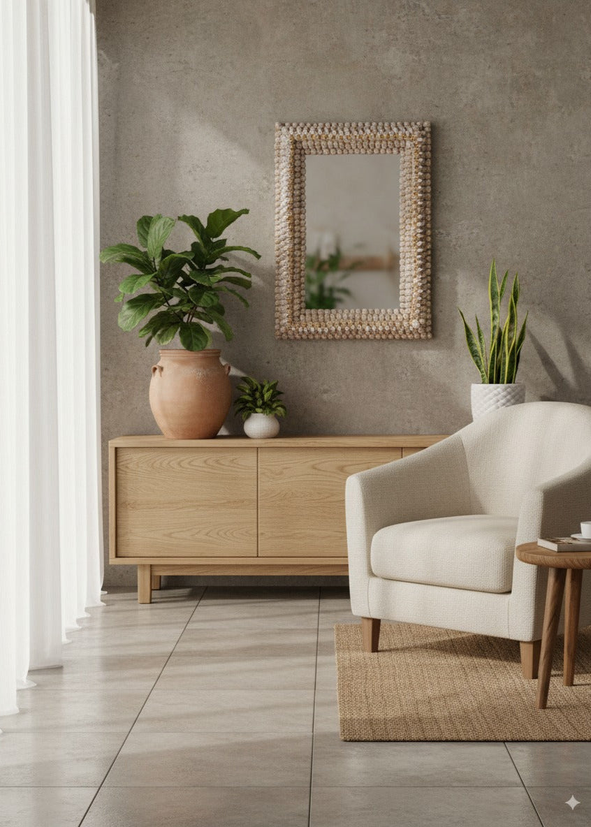 Modern living room with a white armchair, wooden side table, and decorative mirror.