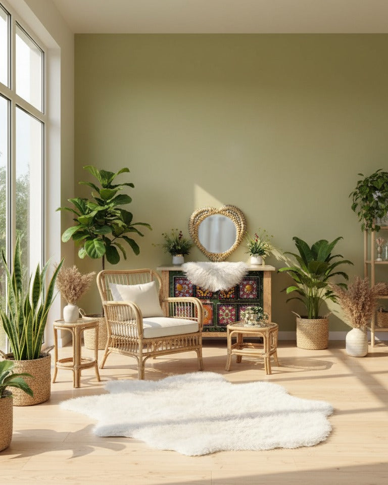 Living room with green walls, heart shape seashell mirror, wooden floor, and decorative plants.