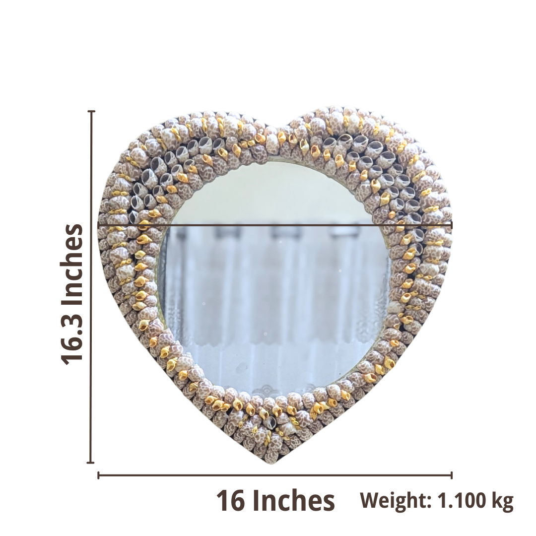 Heart-shaped mirror with seashell frame and measurements on a white background