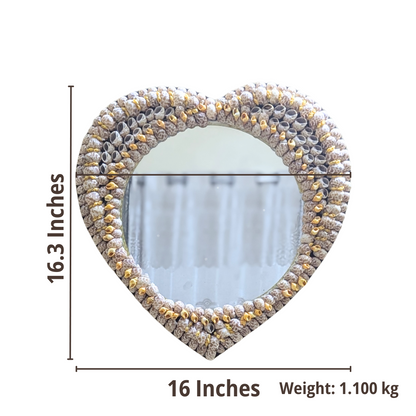Heart-shaped mirror with seashell frame and measurements on a white background
