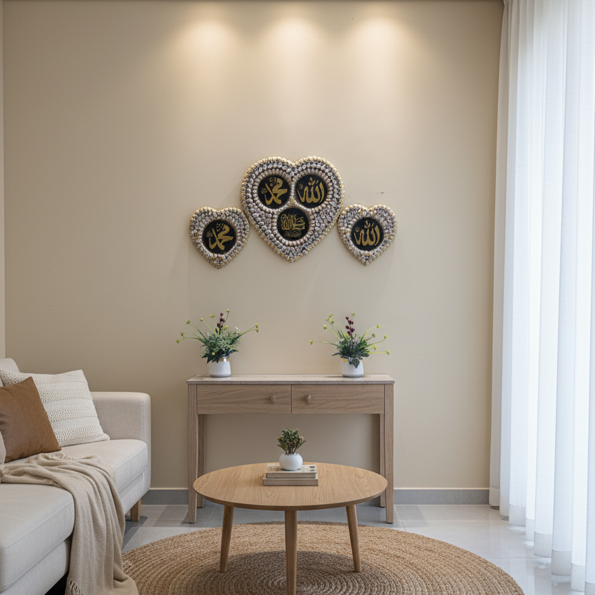 Modern living room with a round coffee table, sofa, and decorative Islamic Allah Muhammad wall art.