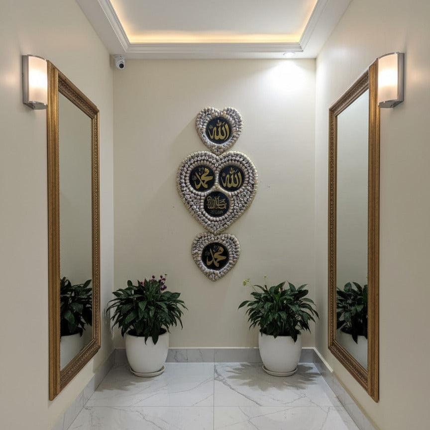 Decorative wall art with plants in a hallway setting