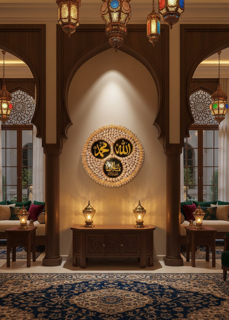 Decorative interior with Arabic calligraphy wall art, lanterns, and patterned rug.