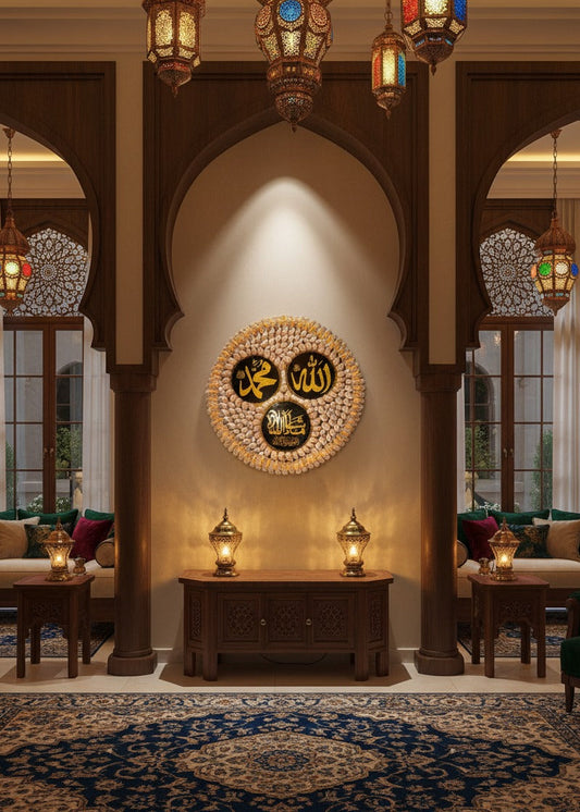 Decorative interior with Arabic calligraphy wall art, lanterns, and patterned rug.