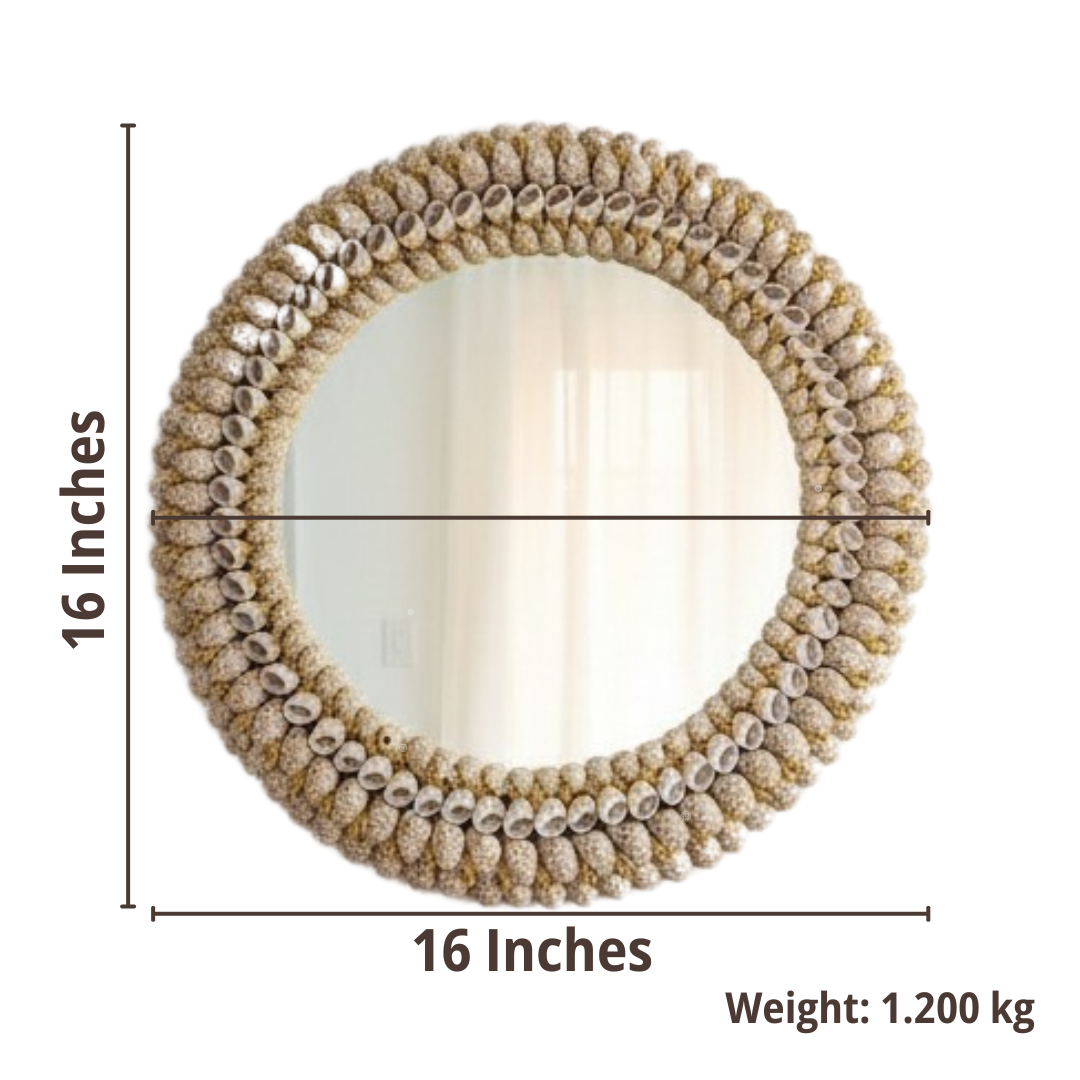 Round mirror with shell-like decorative border, dimensions, and weight displayed.
