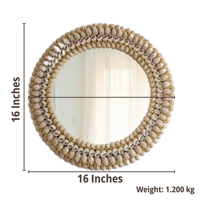 Round mirror with shell-like decorative border, dimensions, and weight displayed.