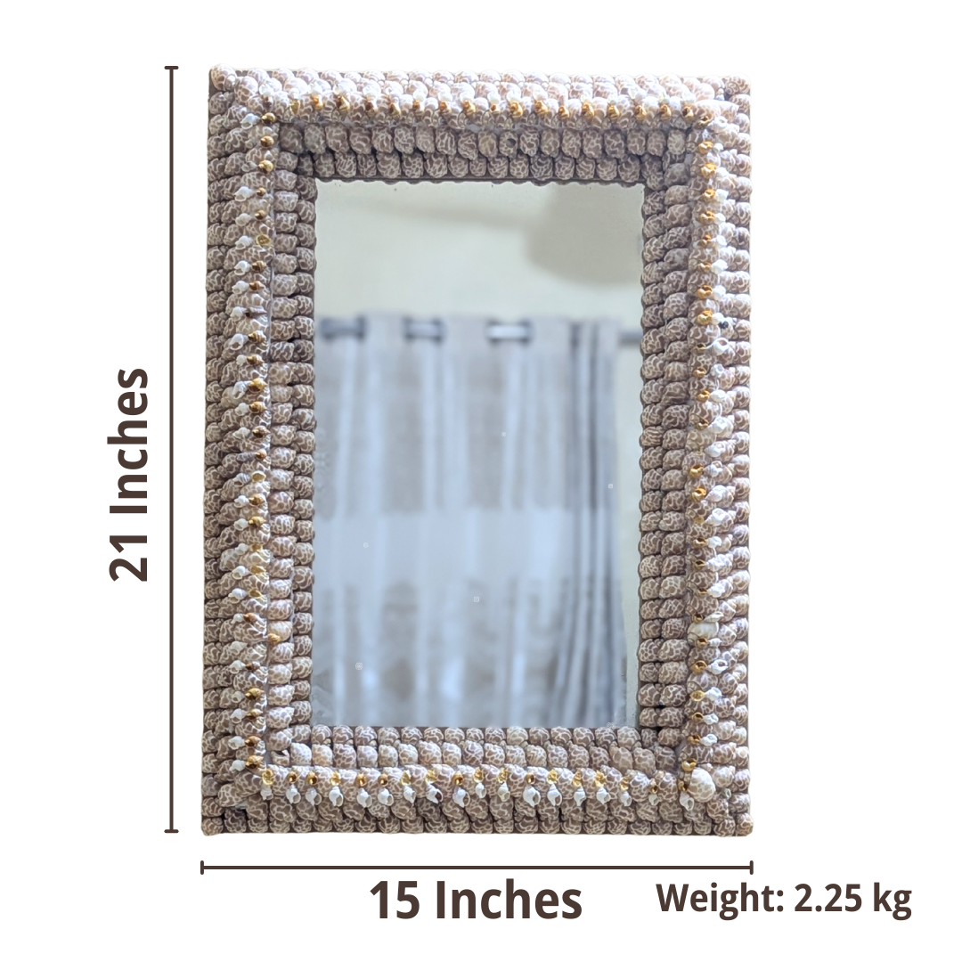Rectangular mirror with decorative frame, dimensions, weight, and material details.