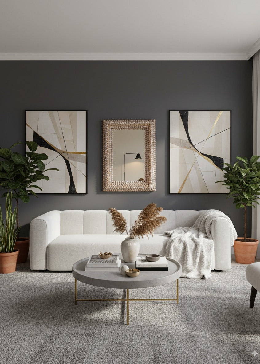 Modern living room with a white sofa, abstract art, seashell mirror and decorative elements.