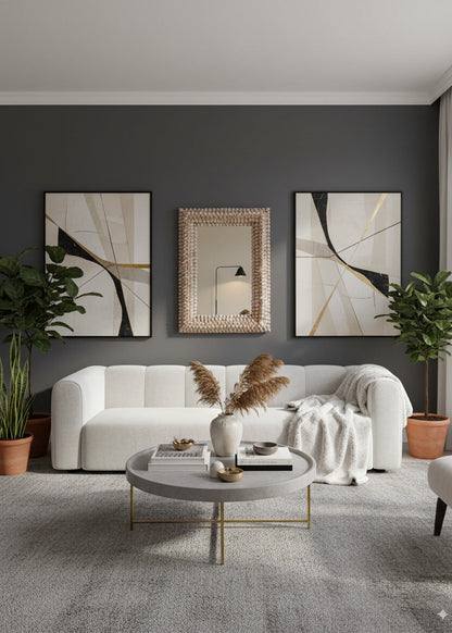 Modern living room with a white sofa, abstract art, seashell mirror and decorative elements.