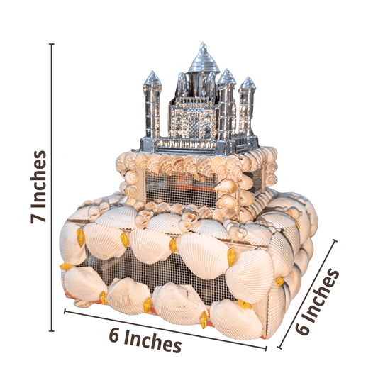 Decorative Seashell Handcrafted Taj Mahal Lamp with measurements on a white background