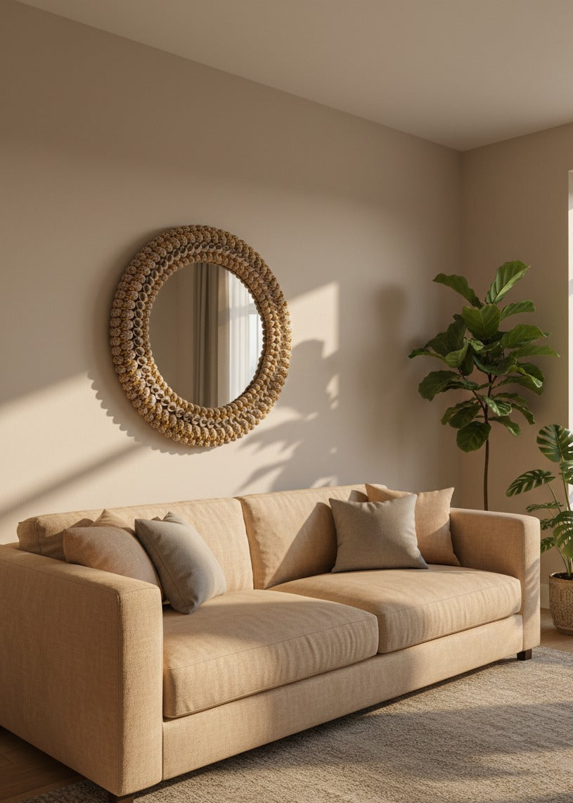 Beige sofa in a living room with a round woven mirror and plants.