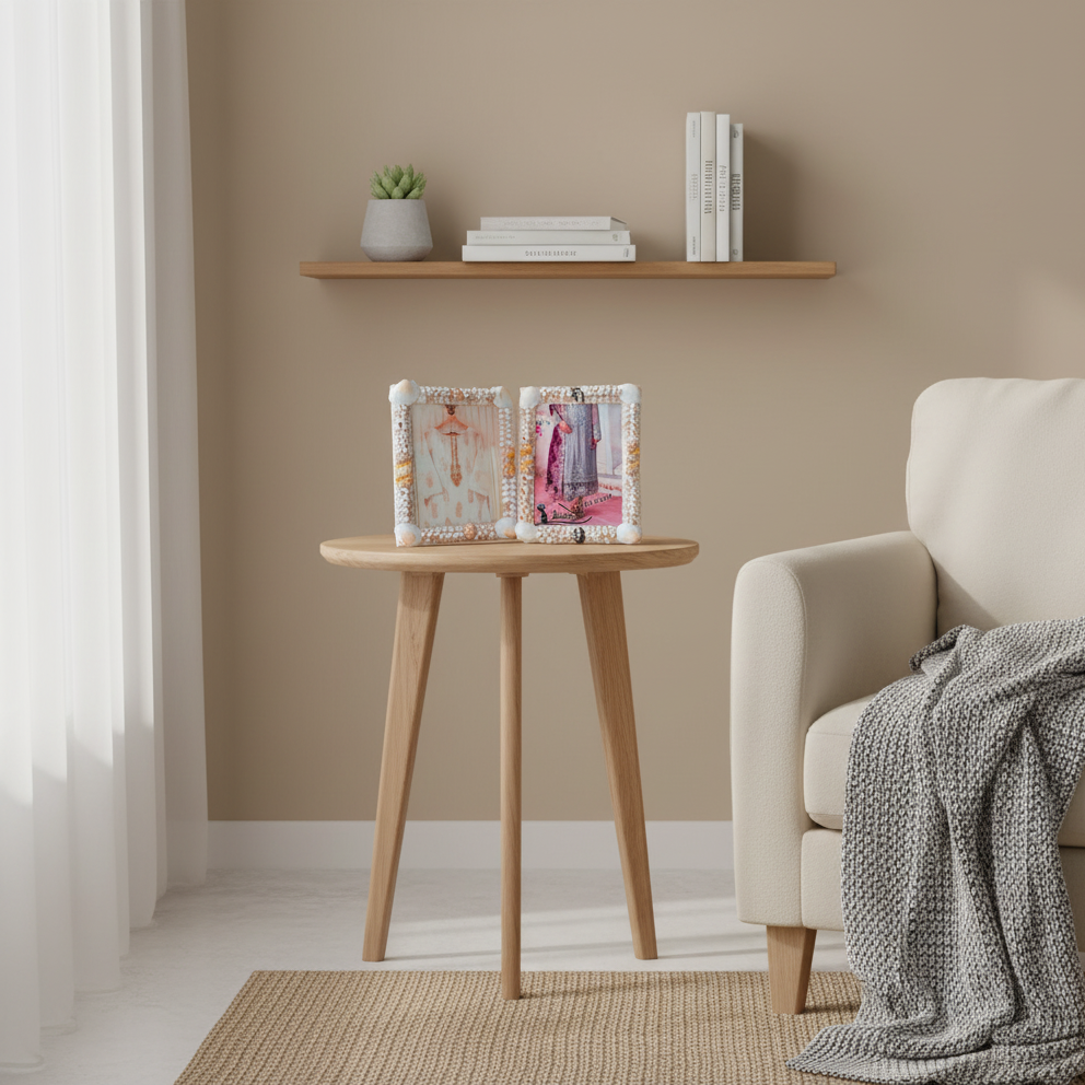 Small wooden side table with decorative image frames in a living room setting.