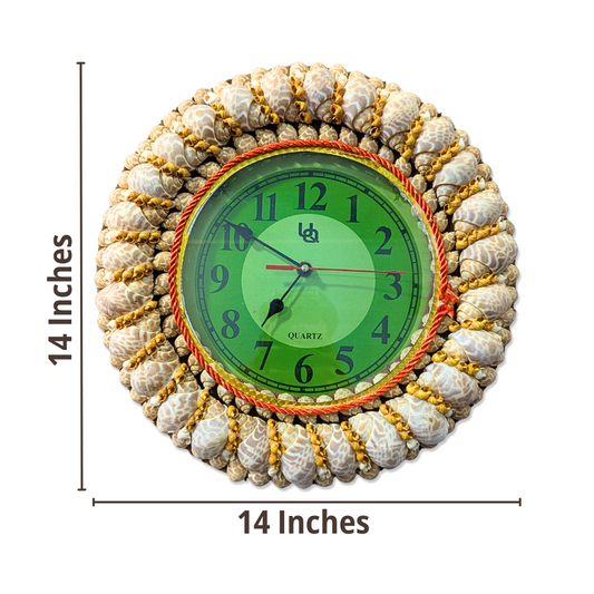 Wall clock with shell design and green face, showing dimensions.