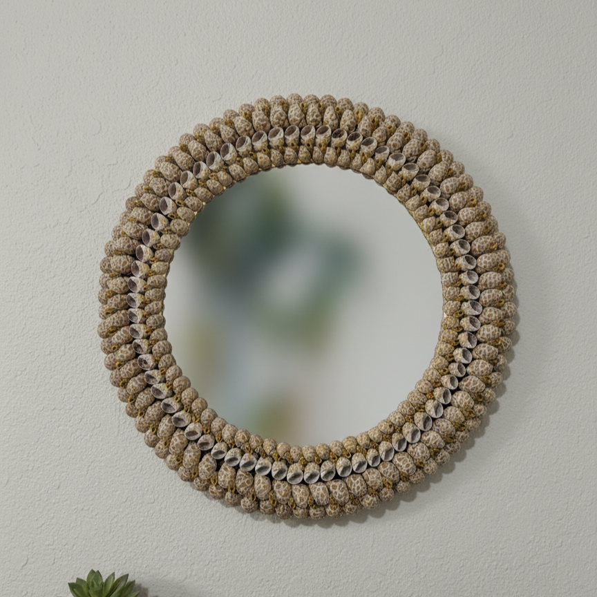 Round woven mirror on a plain wall with a wooden shelf below featuring a small plant and stones.